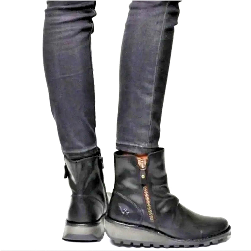 Fly London Mong944 In Black Leather Chunky Ankle Boots